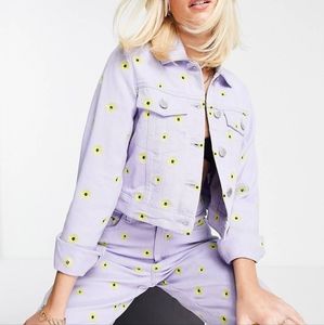 ASOS Miss Selfridge sunflower embroidered denim jacket in lilac